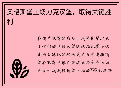 奥格斯堡主场力克汉堡，取得关键胜利！