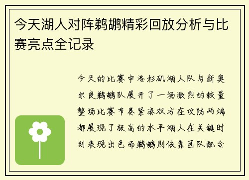 今天湖人对阵鹈鹕精彩回放分析与比赛亮点全记录