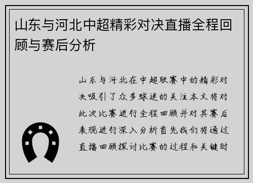 山东与河北中超精彩对决直播全程回顾与赛后分析