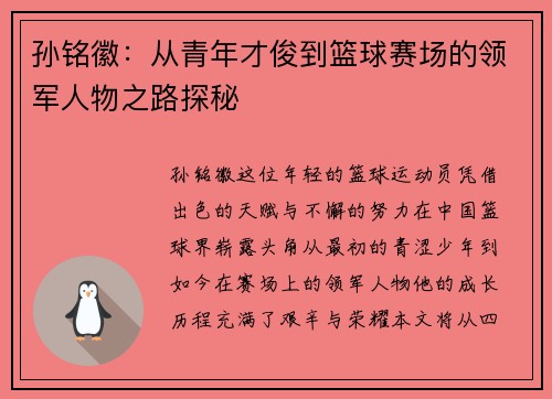 孙铭徽：从青年才俊到篮球赛场的领军人物之路探秘