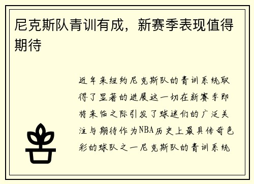 尼克斯队青训有成，新赛季表现值得期待