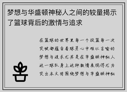 梦想与华盛顿神秘人之间的较量揭示了篮球背后的激情与追求