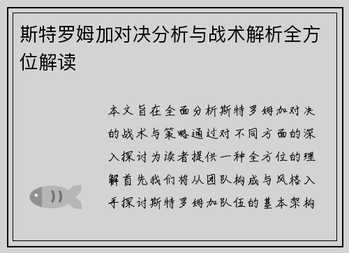 斯特罗姆加对决分析与战术解析全方位解读