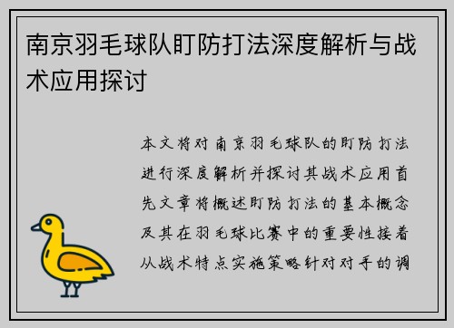南京羽毛球队盯防打法深度解析与战术应用探讨