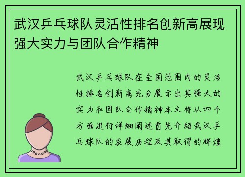 武汉乒乓球队灵活性排名创新高展现强大实力与团队合作精神