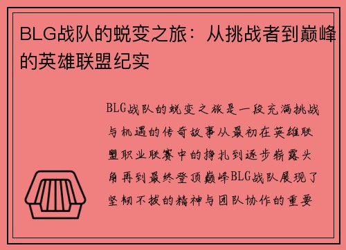 BLG战队的蜕变之旅：从挑战者到巅峰的英雄联盟纪实